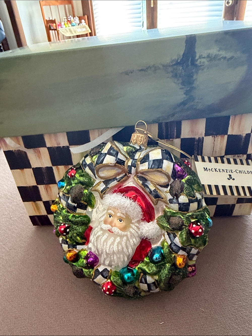 MacKenzie-Childs Santa Wreath Ornament in Green, Red, Black & White